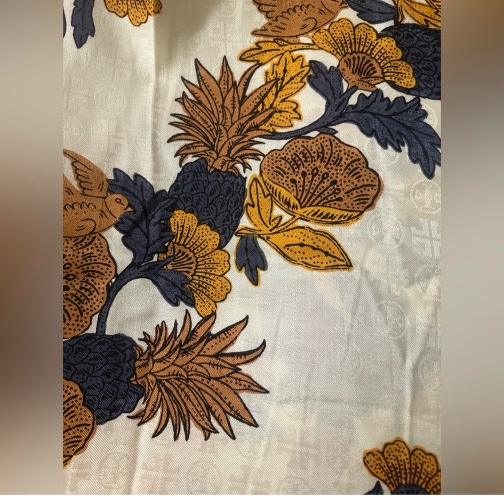 Tory Burch Cream Floral Scarf with Mustard and Navy Blooms - Picture 2 of 5